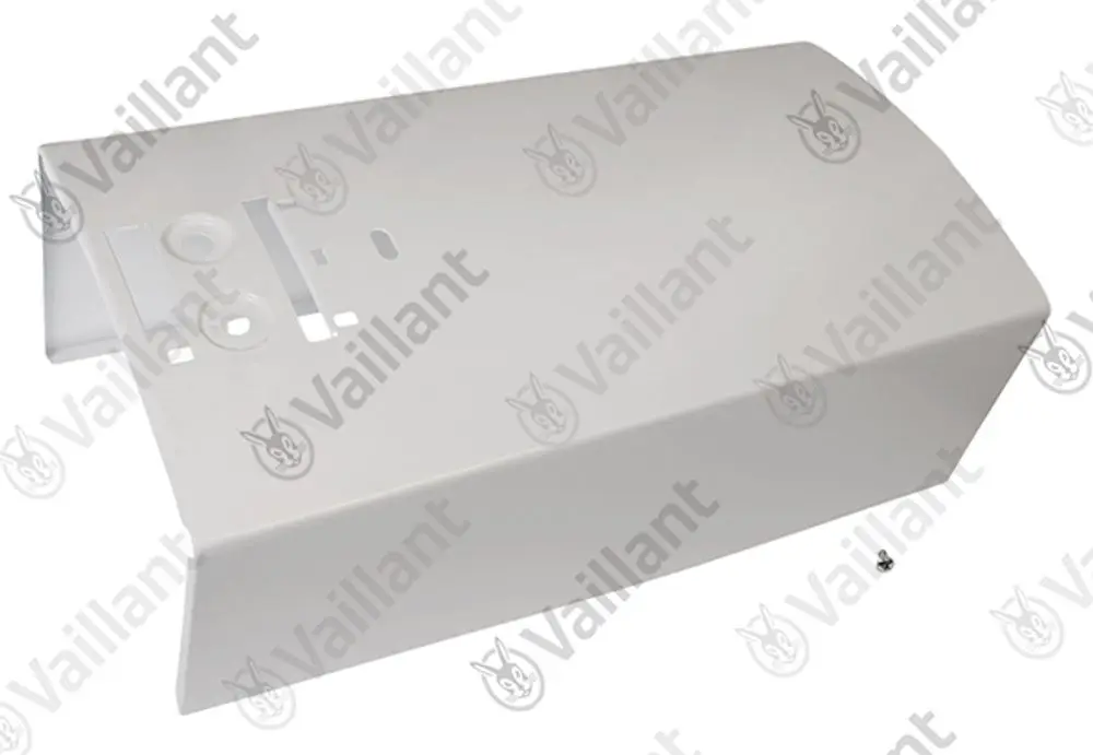 Weißes Bauteil von Vaillant, vermutlich ein Mantel, mit Ausschnitten und Befestigungslöchern. Geformt für eine präzise Montage.